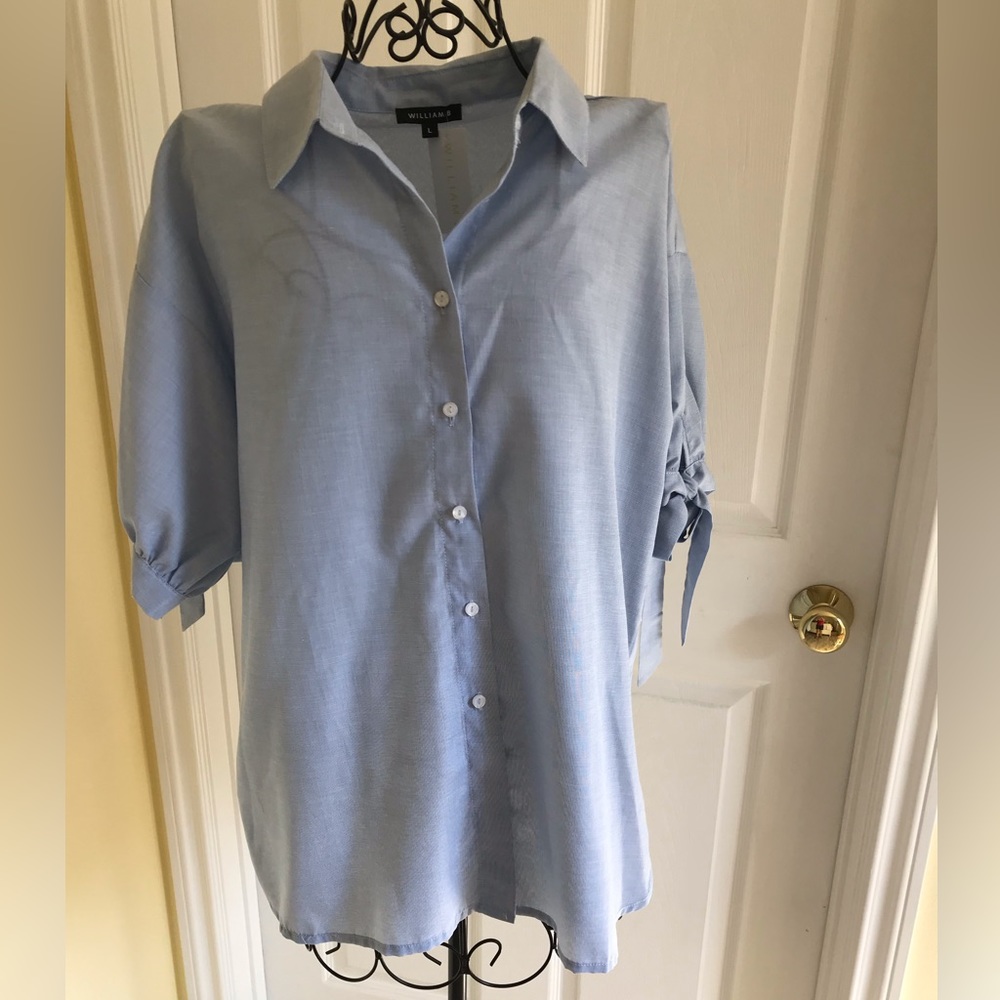 William B and Friends Puff Tie Sleeve Button Down Shirt NWT Size Large Slit Back